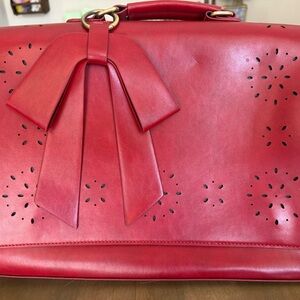 Red Floral Cut-Out Satchel with Bow Accents
